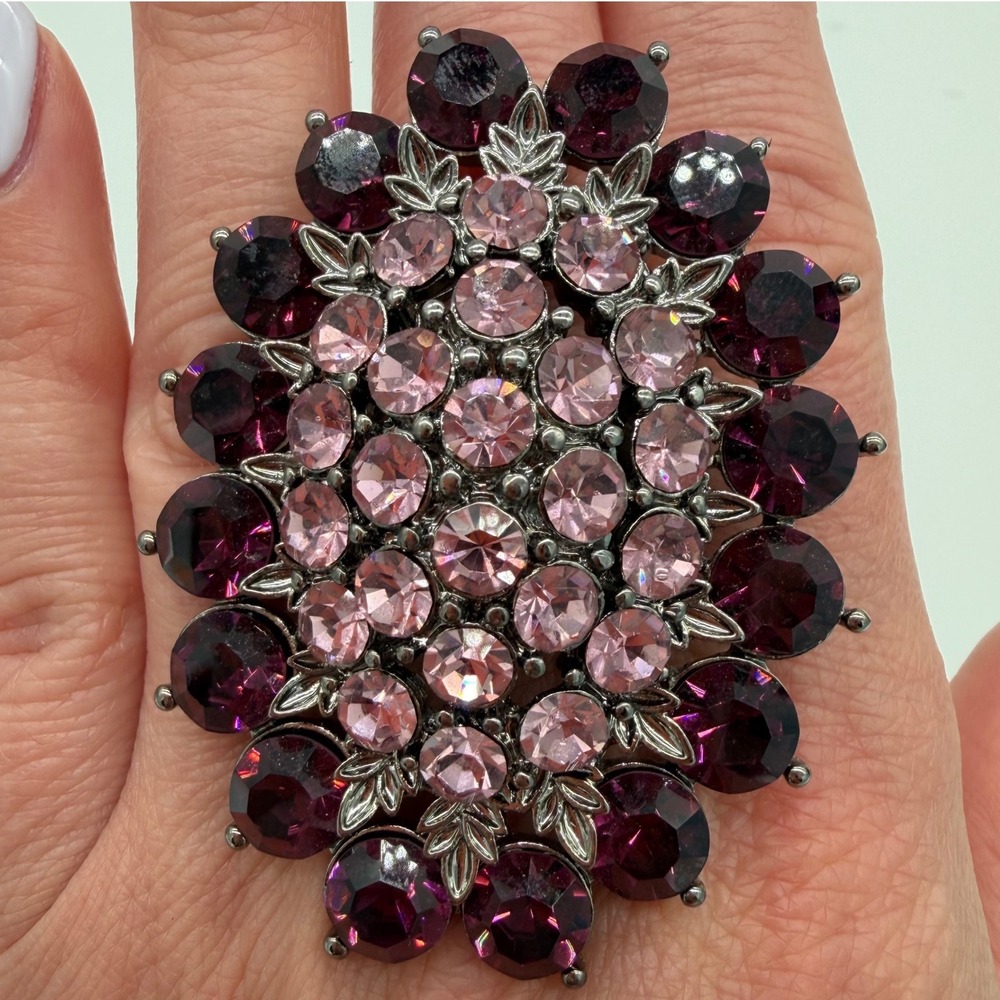 Vintage Y2K Oversized Cocktail Ring Pink Purple Rhinestone Statement Stretch
